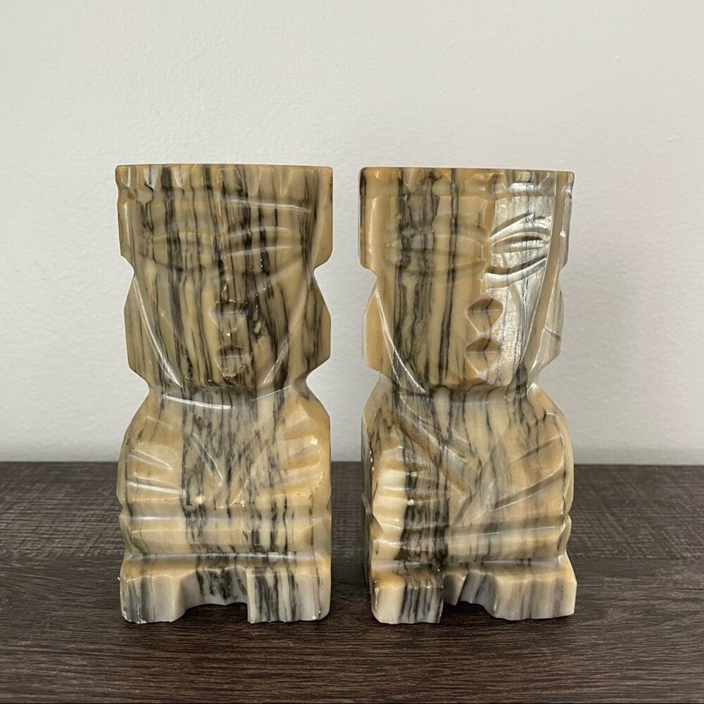 Vintage | Mayan Aztec Carved Stone Marble Bookends Tiki Books Boho MCM Decor Set